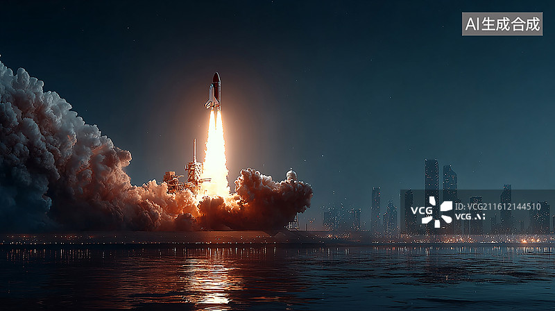 【AI数字艺术】城市上空火箭发射概念图图片素材