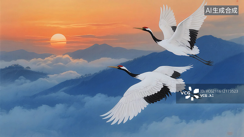 【AI数字艺术】金色太阳下翱翔的仙鹤水墨画背景图片素材
