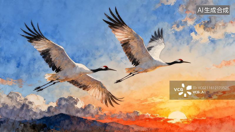 【AI数字艺术】金色太阳下翱翔的仙鹤水墨画背景图片素材