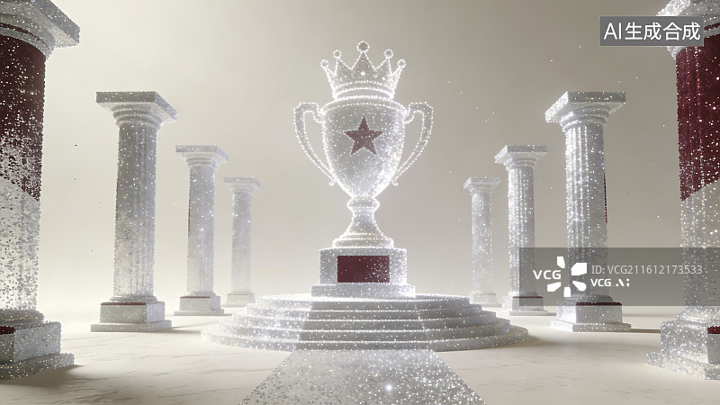 【AI数字艺术】闪耀奖杯与水晶柱台图片素材