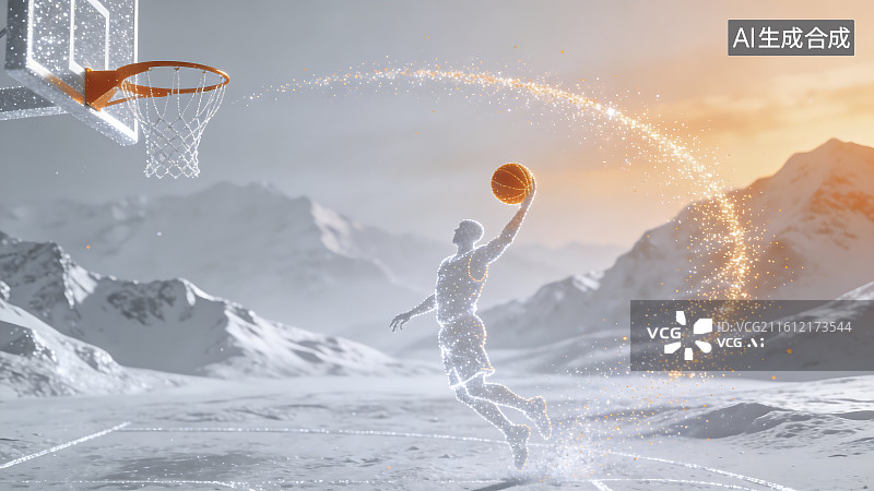 【AI数字艺术】雪山篮球场的扣篮瞬间图片素材