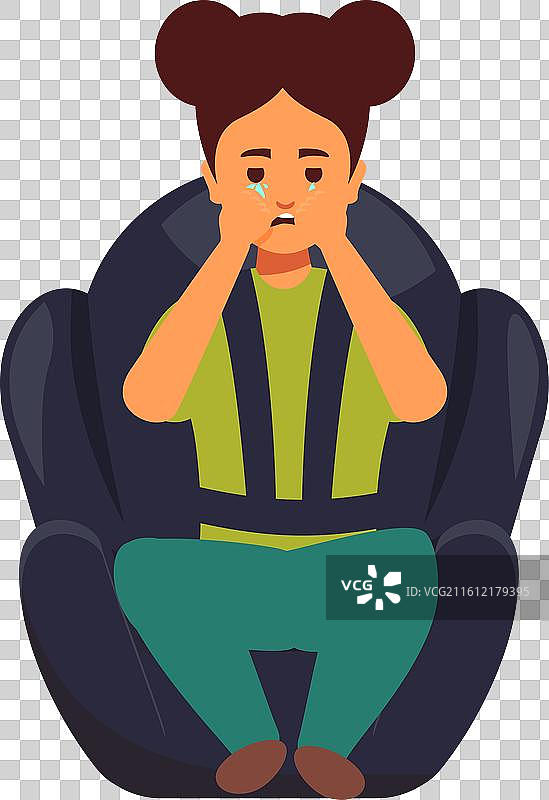 一个小女孩坐在儿童汽车座椅里哭泣图片素材