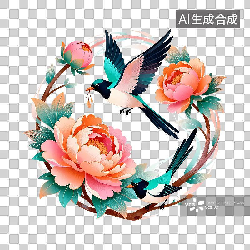 【AI数字艺术】牡丹花上的喜鹊鸟插画图片素材