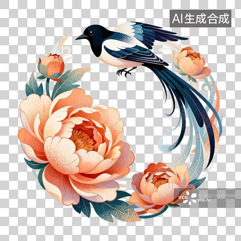 【AI数字艺术】牡丹花上的喜鹊鸟插画图片素材