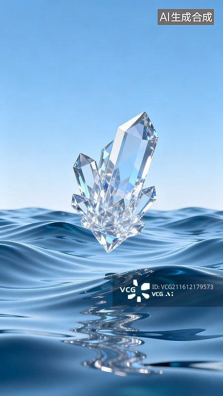 【AI数字艺术】水晶簇悬浮水面光影效果图片素材