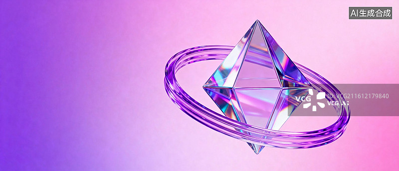 【AI数字艺术】紫色渐变背景下的水晶几何体图片素材