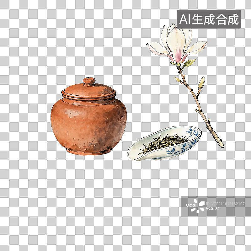 【AI数字艺术】陶制茶罐质朴风中式茶事场景图片素材
