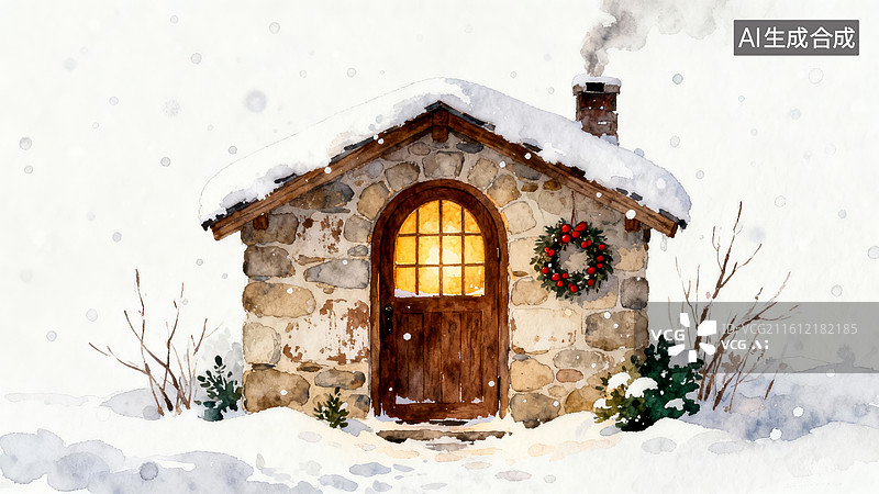 【AI数字艺术】雪中小屋暖色调冬日温馨场景图片素材