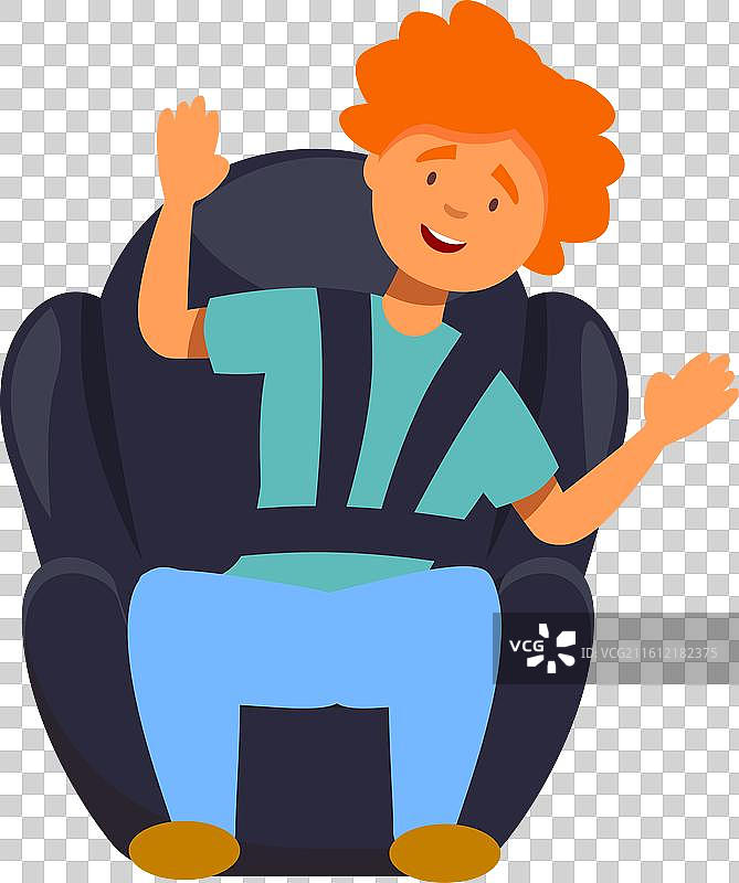 快乐的男孩坐在汽车座椅上，微笑着挥手图片素材