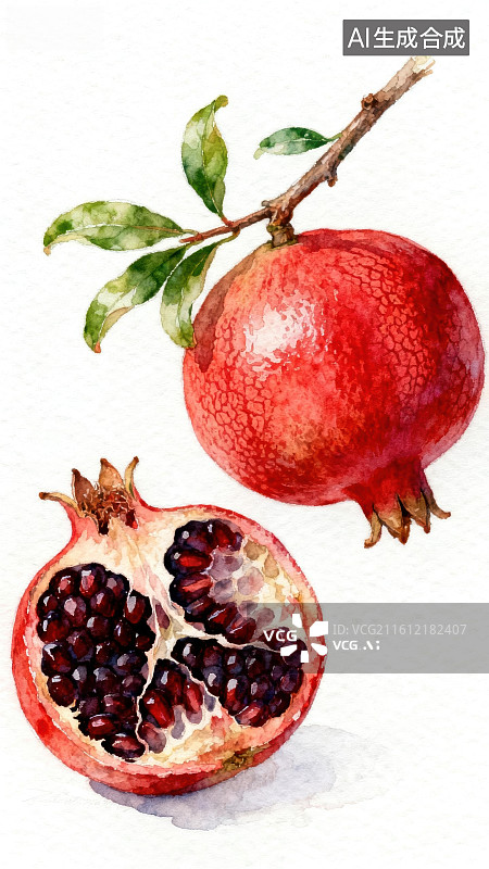 【AI数字艺术】石榴果实水彩画图片素材