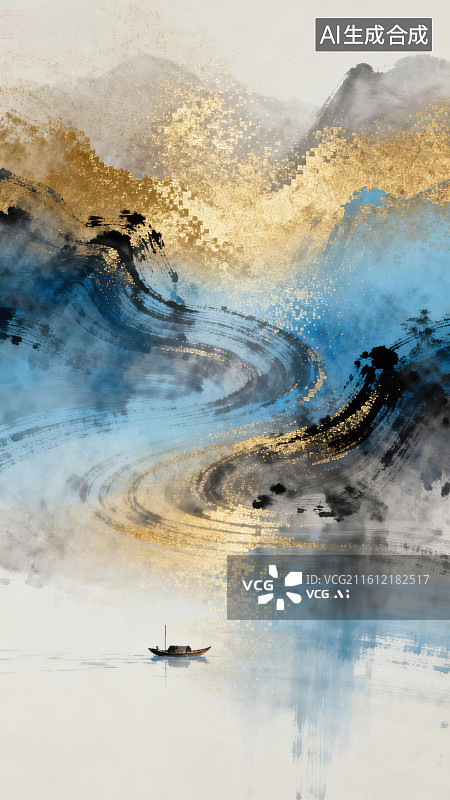 【AI数字艺术】山水墨画中的孤舟图片素材