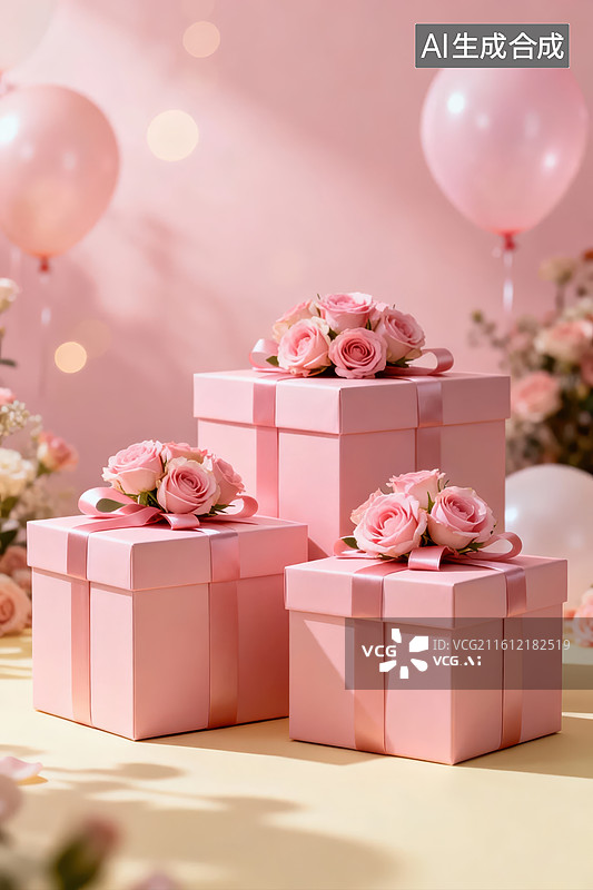 【AI数字艺术】粉色礼盒与玫瑰花装饰图片素材