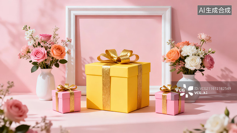 【AI数字艺术】粉色背景下的礼盒与花艺摆设图片素材