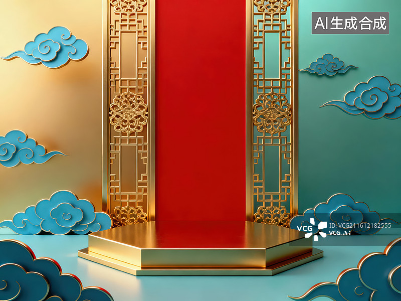 【AI数字艺术】金色屏风与红色立柱装饰场景图片素材