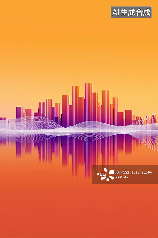 【AI数字艺术】城市剪影与波浪抽象背景图片素材
