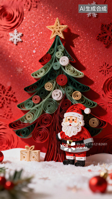 【AI数字艺术】圣诞树与圣诞老人纸艺装饰图片素材