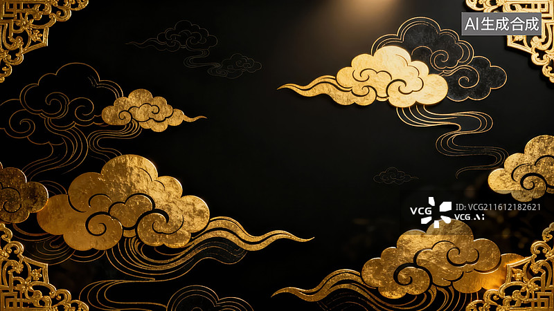 【AI数字艺术】金色祥云黑底装饰图案图片素材
