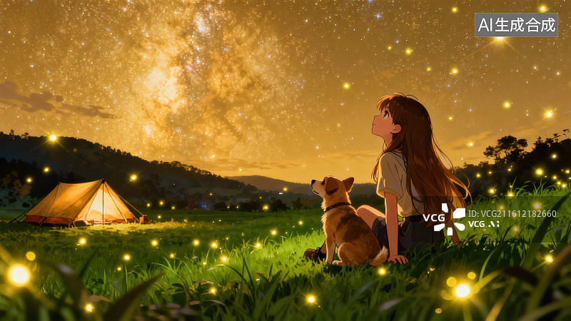 【AI数字艺术】女孩与狗仰望星空露营图片素材