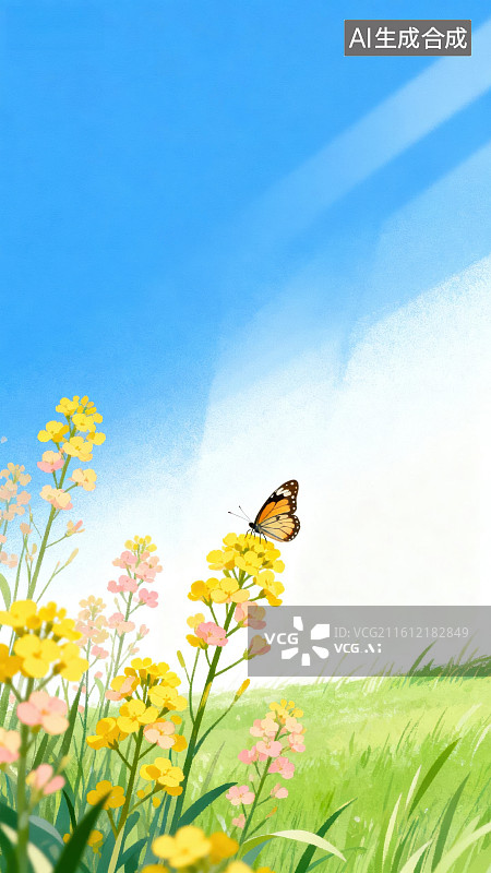 【AI数字艺术】蝴蝶飞舞在花丛中的田野图片素材