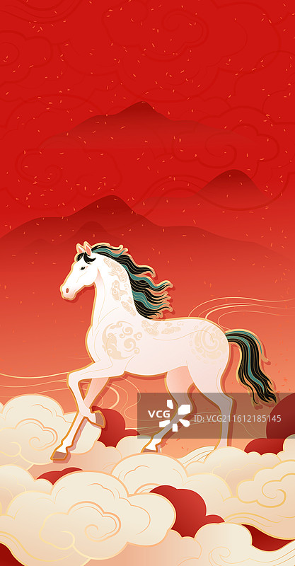 国风2026马年春节新年十二生肖白马矢量插画图片素材