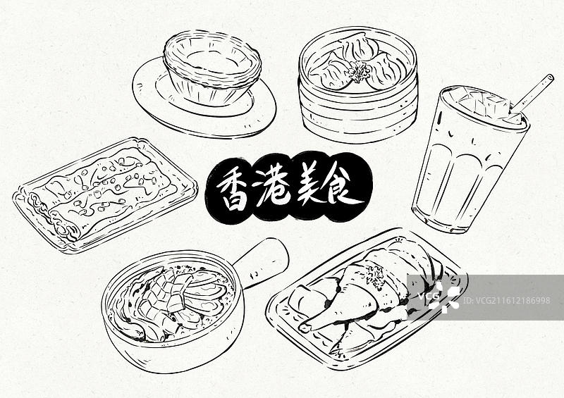 香港美食地理人文旅游国风线稿手绘插画图片素材