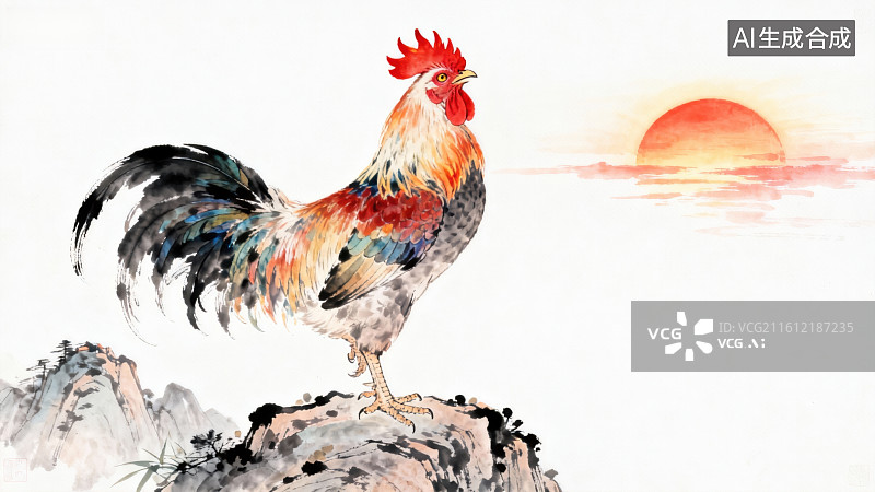 【AI数字艺术】公鸡立石迎日出图片素材