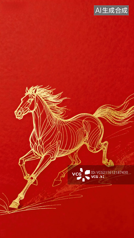 【AI数字艺术】金色骏马奔腾红色背景图片素材