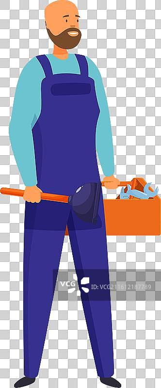 水管工手持皮搋和工具箱，进行管道维修图片素材