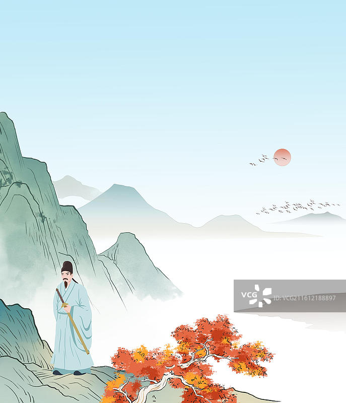 中国风新中式古风古典传统文化国学经典唐诗宋词中国画青绿山水画风景名胜背景场景生态环境插画图片素材