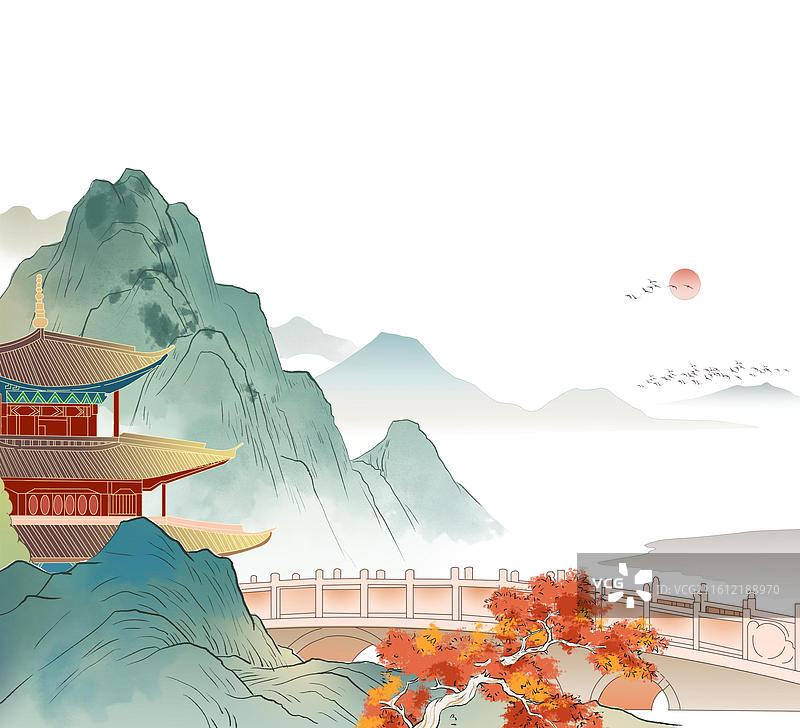 中国风新中式古风古典传统文化国学经典唐诗宋词中国画青绿山水画风景名胜背景场景生态环境插画图片素材