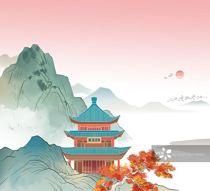 中国风新中式古风古典传统文化国学经典唐诗宋词中国画青绿山水画风景名胜背景场景生态环境插画图片素材