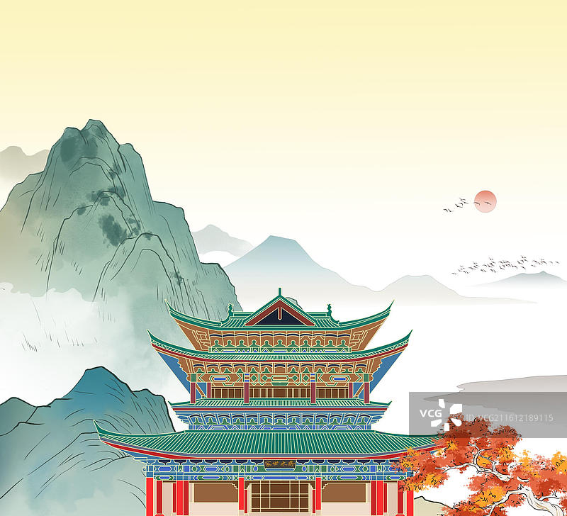 中国风新中式古风古典传统文化国学经典唐诗宋词中国画青绿山水画风景名胜背景场景生态环境插画图片素材