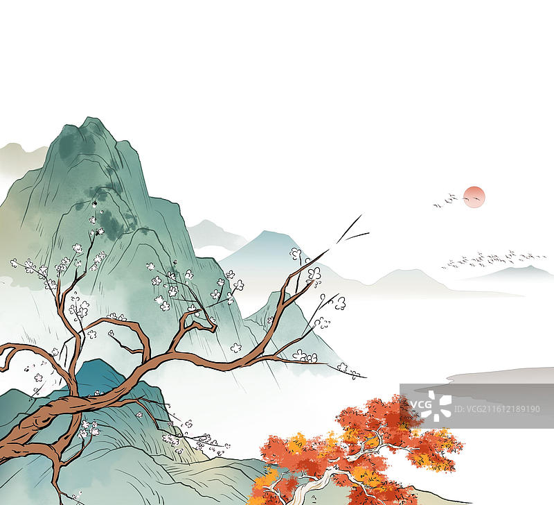 中国风新中式古风古典传统文化国学经典唐诗宋词中国画青绿山水画风景名胜背景场景生态环境插画图片素材