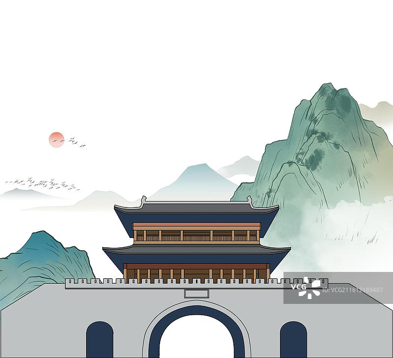 中国风新中式古风古典传统文化国学经典唐诗宋词中国画青绿山水画风景名胜背景场景生态环境插画图片素材