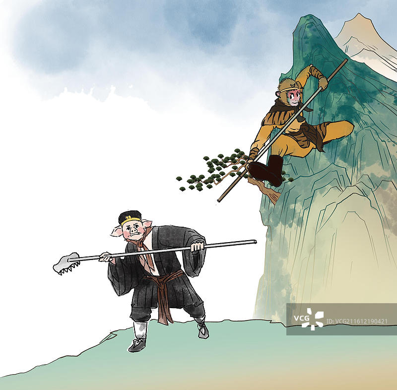 中国风新中式古风古典传统文化国学经典唐诗宋词中国画青绿山水画风景名胜背景场景猪八戒插画图片素材