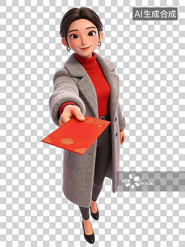 【AI数字艺术】年轻女性微笑站立，手持红包，身着灰色大衣、红毛衣、黑裤及黑鞋图片素材