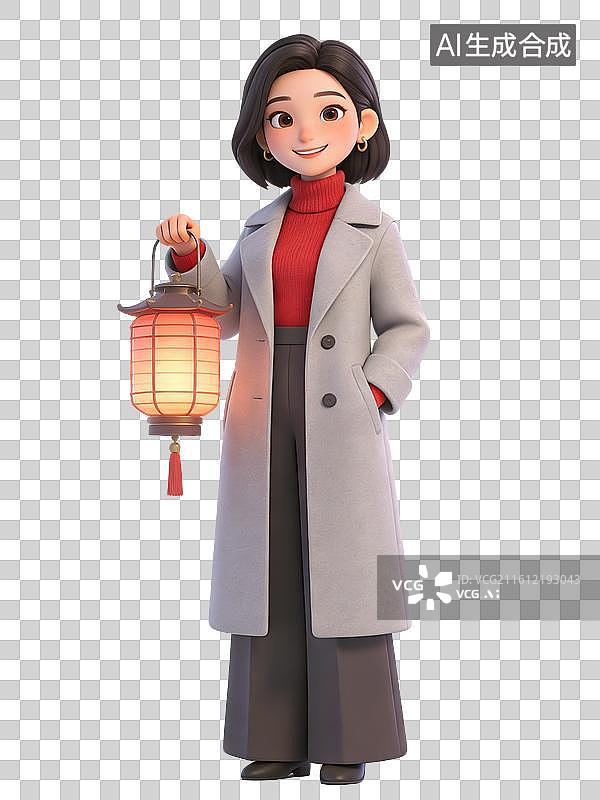 【AI数字艺术】年轻女性，短发，微笑，手持灯笼，身着灰色大衣、红色毛衣与黑色裙子，时尚优雅图片素材