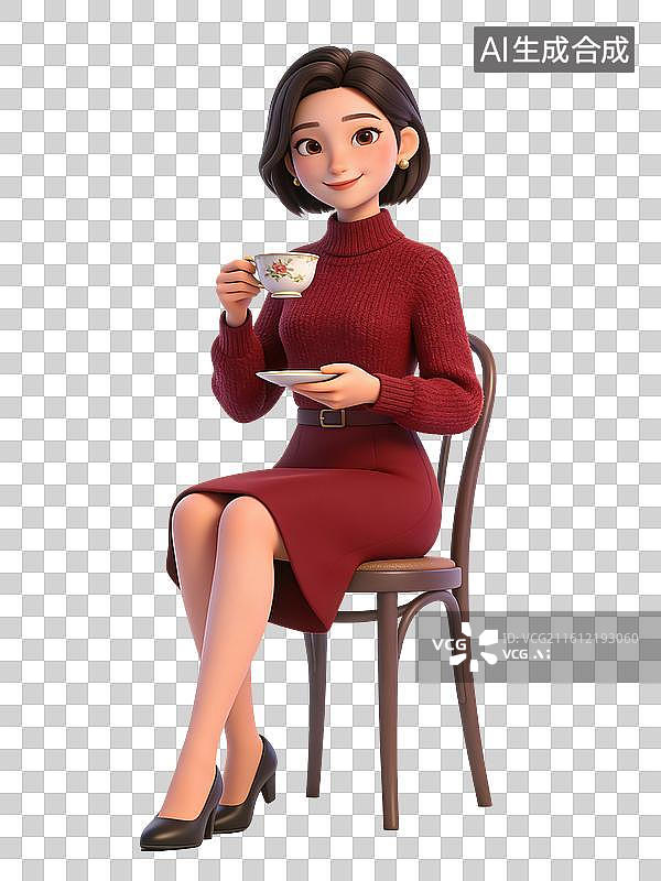【AI数字艺术】短发女性，面带微笑，手持茶杯，身着红色毛衣和裙子，搭配黑色高跟鞋，坐姿优雅图片素材