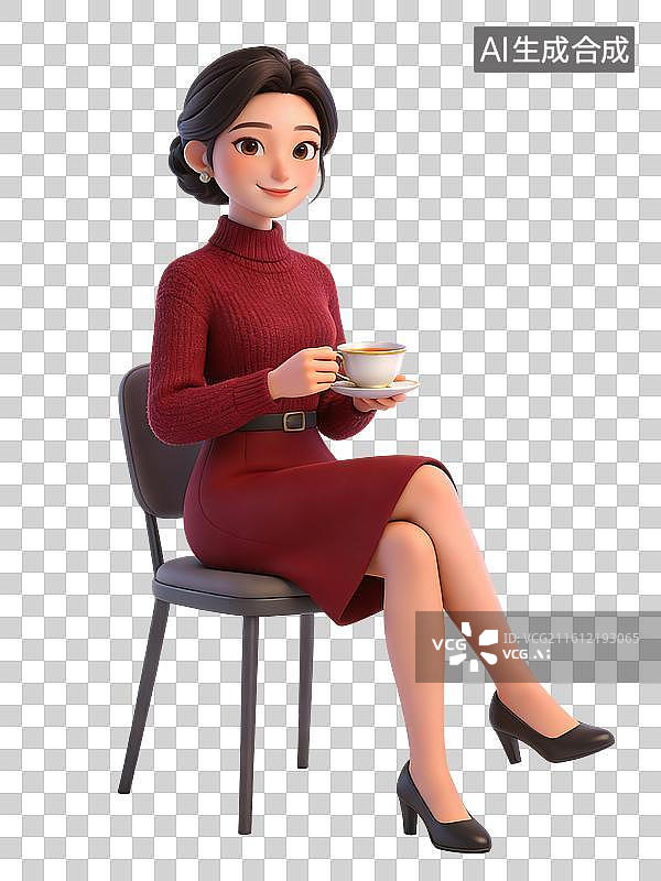 【AI数字艺术】一位穿着红色毛衣和裙子的女性，微笑着坐在椅子上，手持茶杯，优雅而自信图片素材