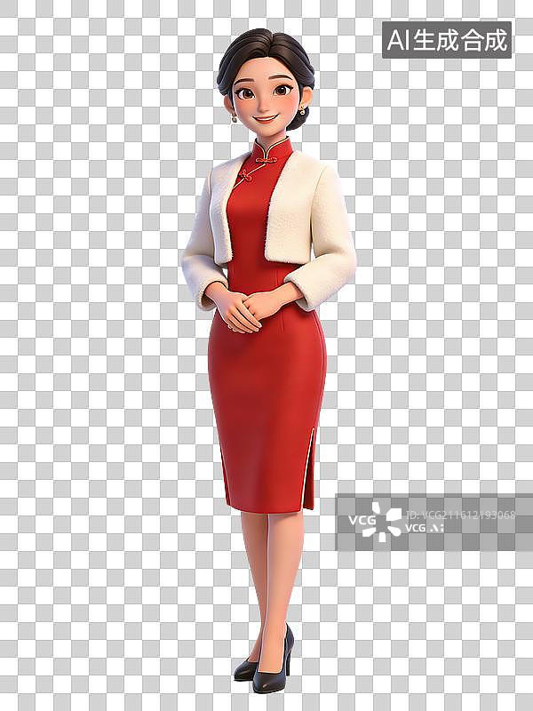 【AI数字艺术】年轻女性面带微笑，双手交叠，身着红色旗袍与白色外套，搭配黑色高跟鞋，优雅大方图片素材