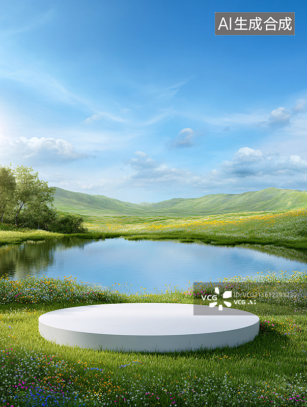 【AI数字艺术】自然山水绿色草地产品展示台图片素材
