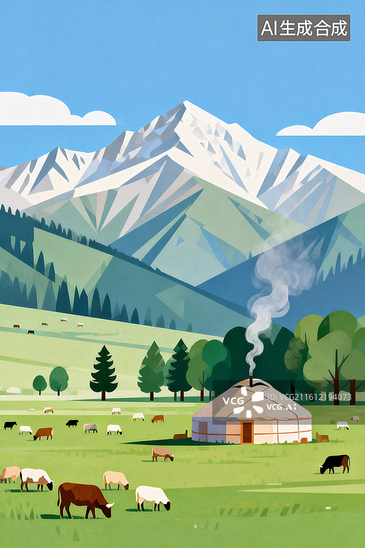 【AI数字艺术】雪山下草原牧场蒙古包牛羊群图片素材