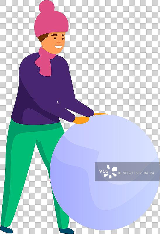 年轻男子在堆砌一个巨大的雪球，准备制作雪人图片素材