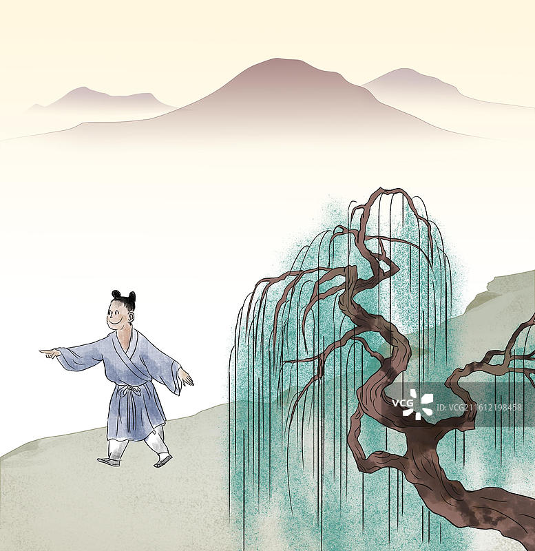 中国风新中式古风古典传统文化国学经典唐诗宋词中国画湖边河边古代人物杨柳垂柳户外大自然插画图片素材