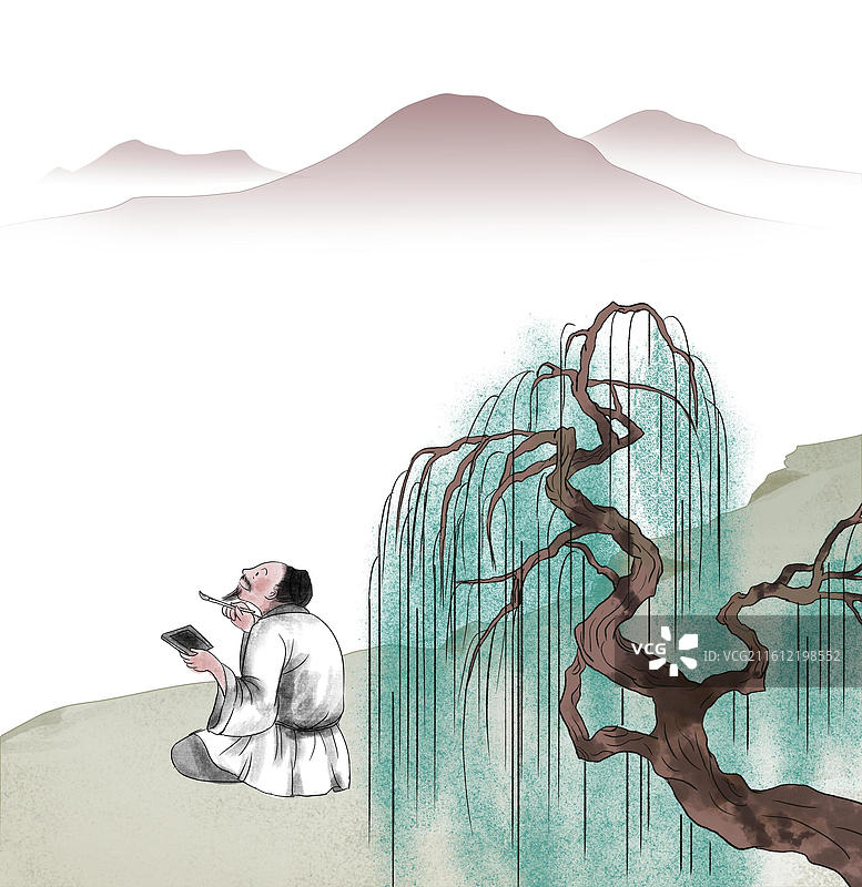 中国风新中式古风古典传统文化国学经典唐诗宋词中国画湖边河边古代人物杨柳垂柳户外大自然插画图片素材