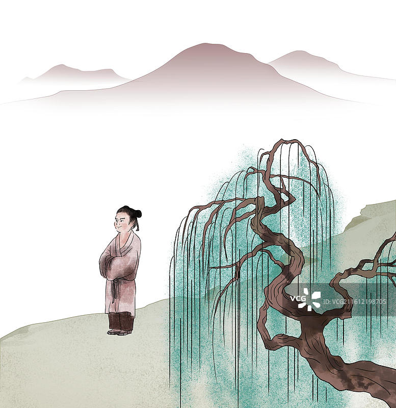 中国风新中式古风古典传统文化国学经典唐诗宋词中国画湖边河边古代人物杨柳垂柳户外大自然插画图片素材