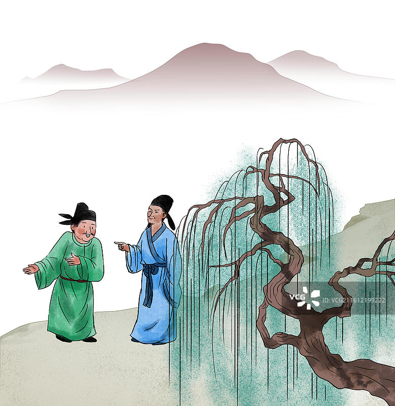 中国风新中式古风古典传统文化国学经典唐诗宋词中国画湖边河边古代人物杨柳垂柳户外大自然插画图片素材