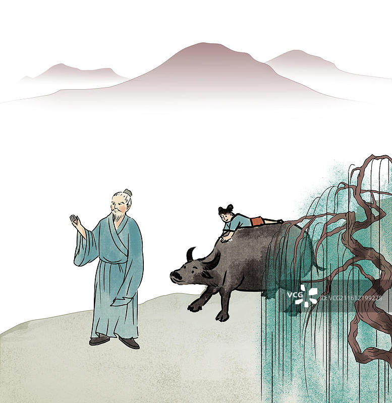 中国风新中式古风古典传统文化国学经典唐诗宋词中国画湖边河边古代人物杨柳垂柳户外大自然插画图片素材