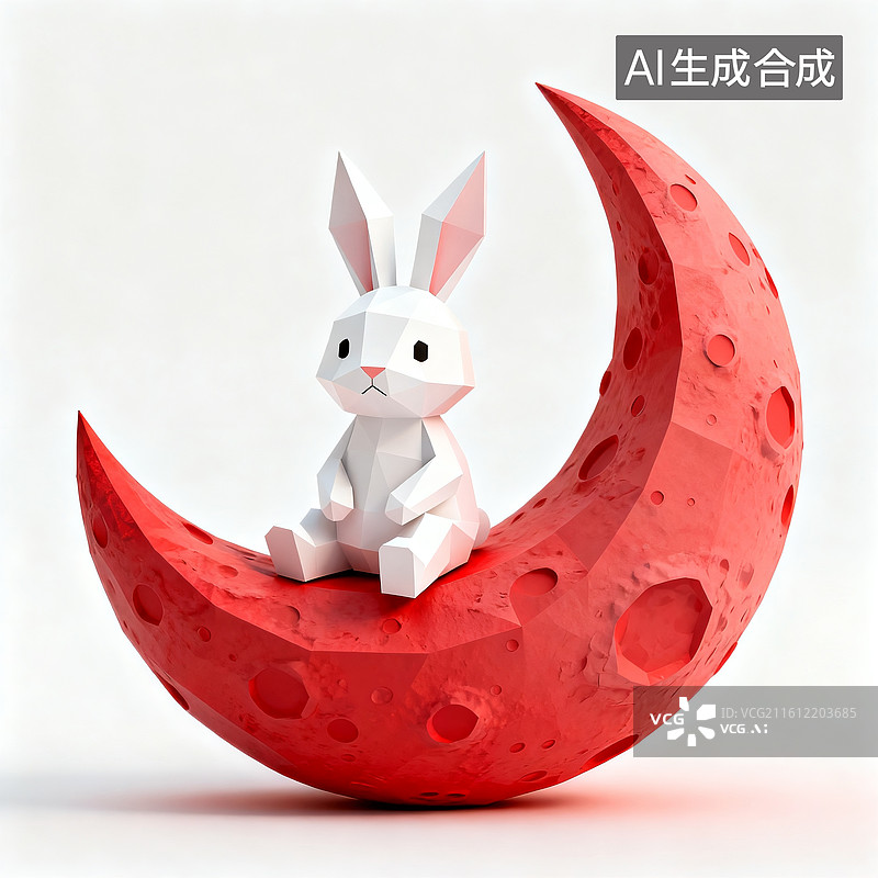 【AI数字艺术】折纸艺术，玉兔坐在红月亮上图片素材