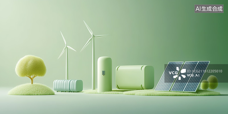 【AI数字艺术】风力发电机太阳能光伏电池板和储能电池新能源电力系统卡通插画图片素材